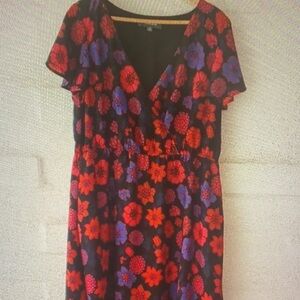 ModCloth Black Midi Dress with Red & Purple Floral Print